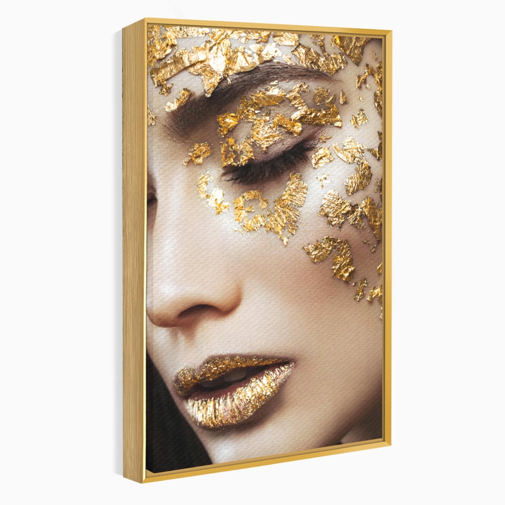 Tablou canvas cu portret feminin cu aplicatii aurii, in rama de aluminiu auriu